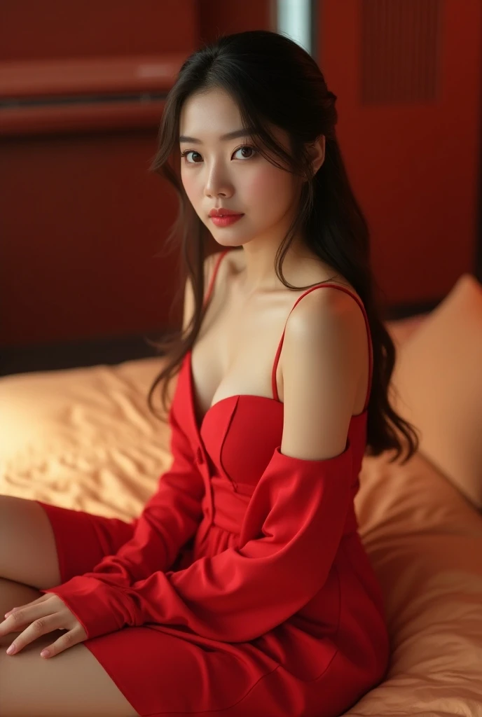 masterpiece, 1 woman per 1photo, full body shot, front view, a Japanese young pretty woman, hyper pretty face, 18 years old, shoulder length hair, sitting on a silk bed, wearing only a sleeveless silky satin crimson red chemise with black laces, busty, wet body, glossy lips, glamorous figure, silk pillow, silk bed sheets, double eyelids in both eyes, natural makeup, long eyelashes, shiny smooth light brown hair, asymmetrical bangs, fair skin, central image, 8K resolution, high detail, detailed hairstyle, detailed face, spectacular cinematic lighting, octane rendering, vibrant, hyper realistic, perfect limbs, perfect anatomy