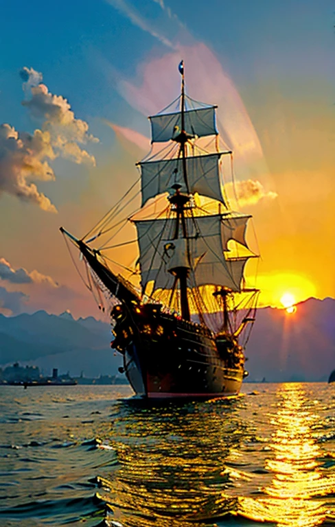 In the background is a large large pirate ship sailing leisurely against the big sun setting in the sea