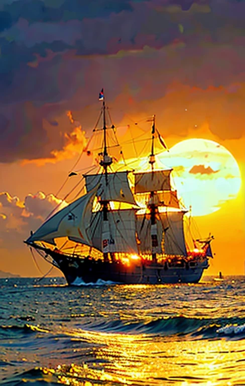 In the background is a large large pirate ship sailing leisurely against the big sun setting in the sea