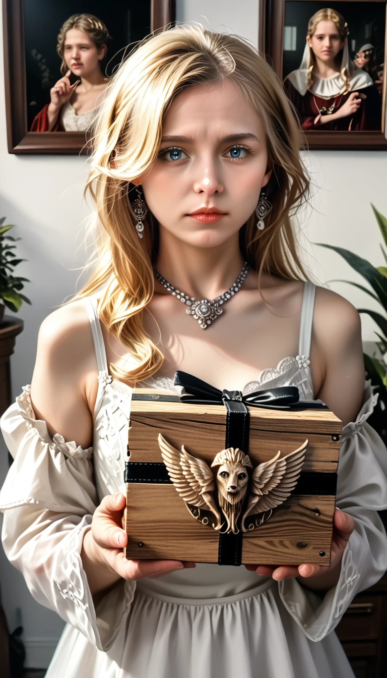 a beautiful woman, pandora, cute, blonde hair, greek mythology, holding a magical black wooden box, (best quality,4k,8k,highres,masterpiece:1.2),ultra-detailed,(realistic,photorealistic,photo-realistic:1.37),extremely detailed eyes and face,beautiful detailed lips,longeyelashes,intricate details,soft lighting,warm colors,cinematic lighting,dramatic lighting,dramatic pose,elegant,graceful,mystical,fantasy