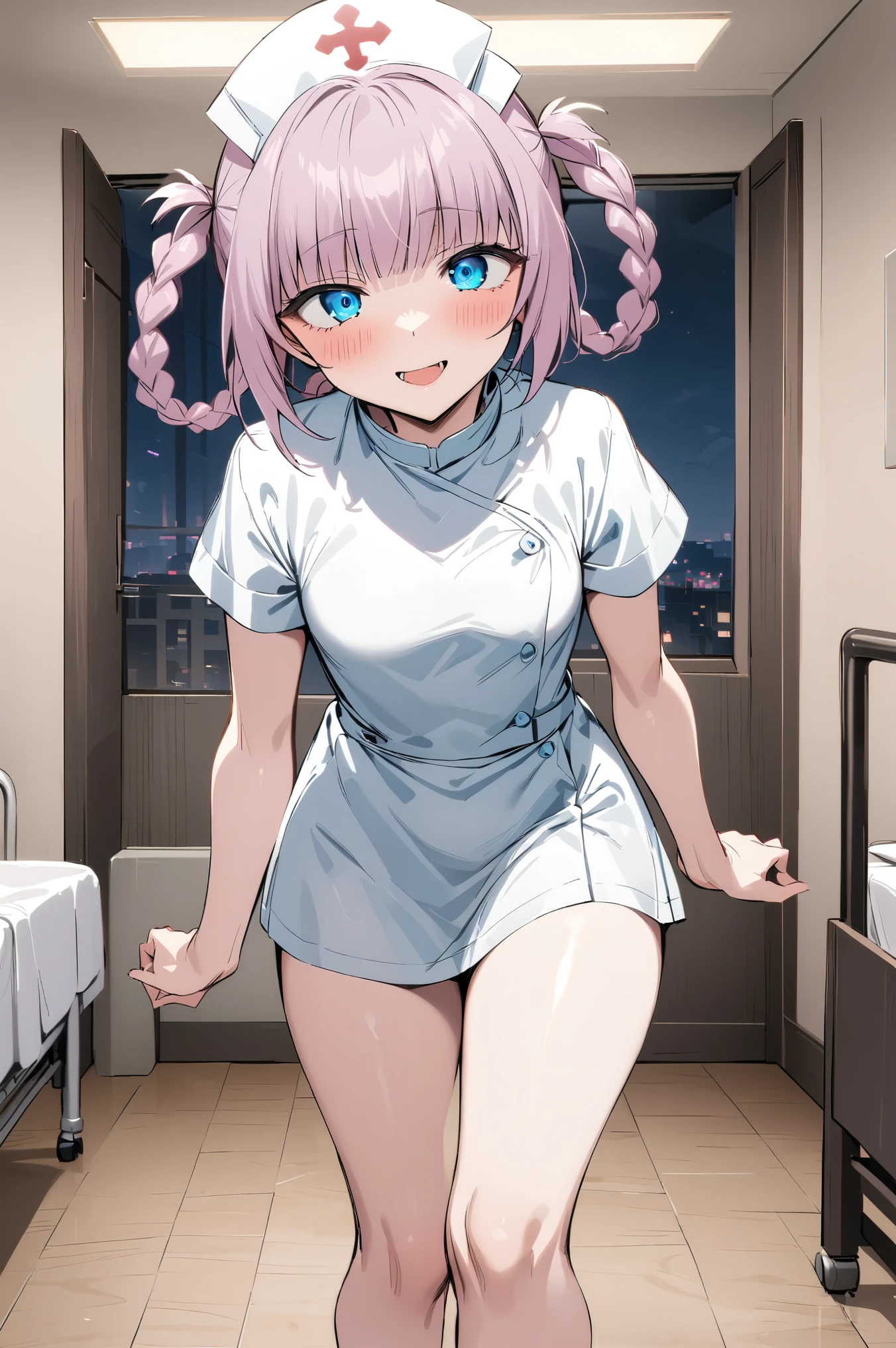 NSFW,masterpiece,Best Quality, high resolution on down, very detailed,Nanakusa Nazuna \(Night Song\),Pink Hair, braided ,bangs, blue eyes,tooth,nurse,Nurse uniform, miniskirt,Hospital at night,Hospital room, bedroom,curtain, horseback riding