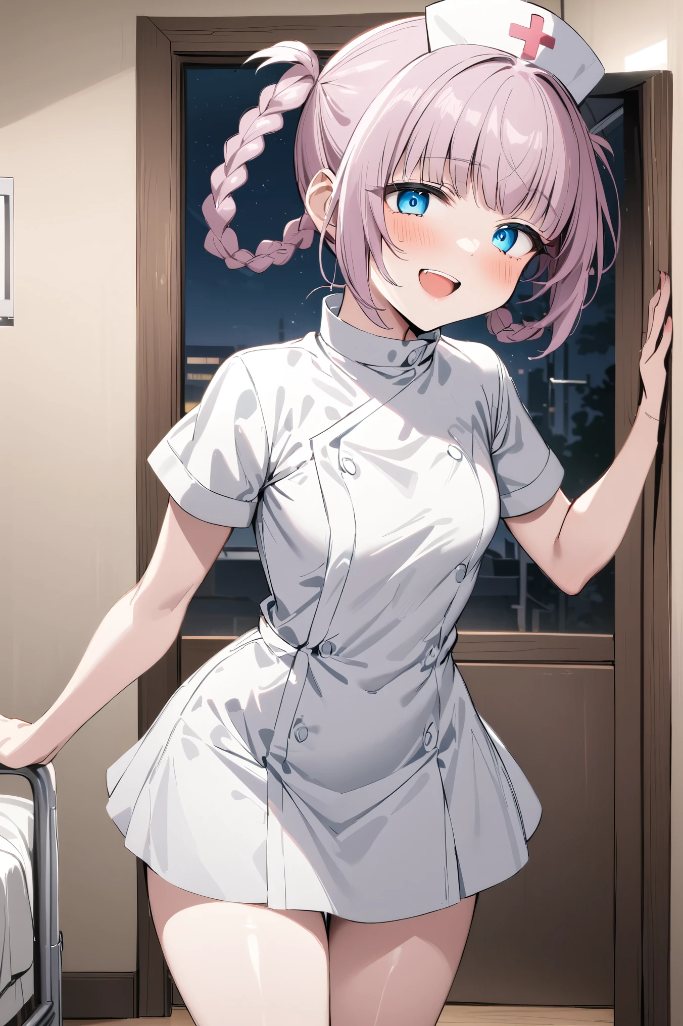 NSFW,masterpiece,Best Quality, high resolution on down, very detailed,Nanakusa Nazuna \(Night Song\),Pink Hair, braided ,bangs, blue eyes,tooth,nurse,Nurse uniform, miniskirt,Hospital at night,Hospital room, bedroom,curtain, horseback riding