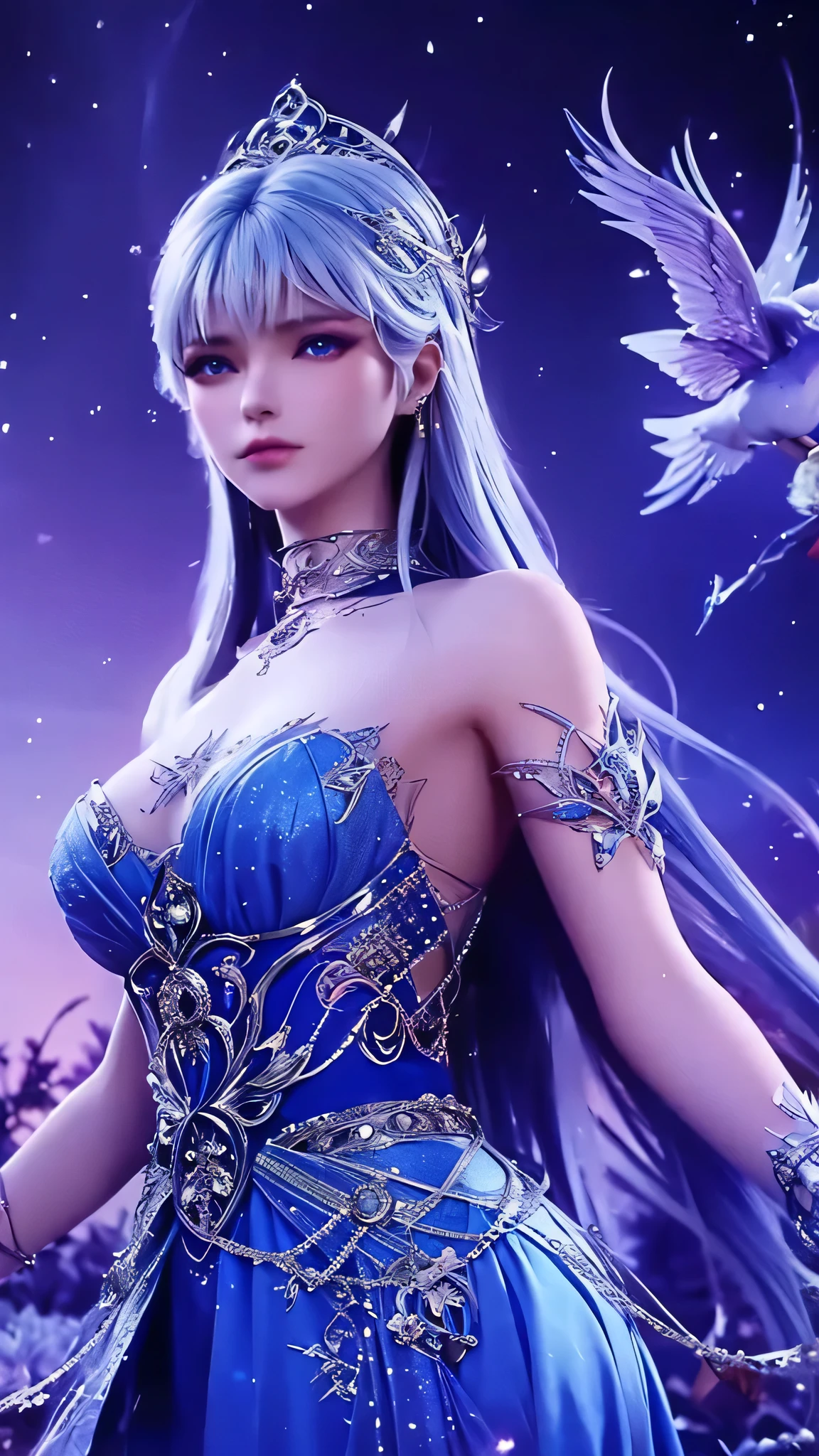 A beautiful young woman with long flowing silver hair and piercing blue eyes, wearing an intricate flowing dress, fantasy, ethereal, enchanting, magical forest, glowing flowers, soft light, intricate details, delicate features