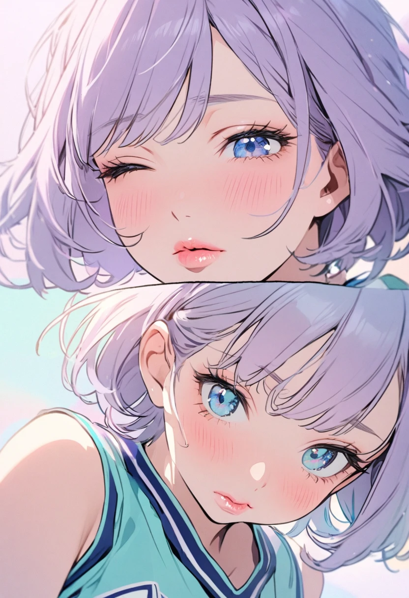  girl,  light purple hair,  blue eyes, beautiful,  cheerleader uniform ,  Pastel Colors ,  Closeup of Faces , flat,  lip gloss, Brat, Mysterious,  short hair , Wrinkling , Kissing Face, Throw a kiss, Lips closed