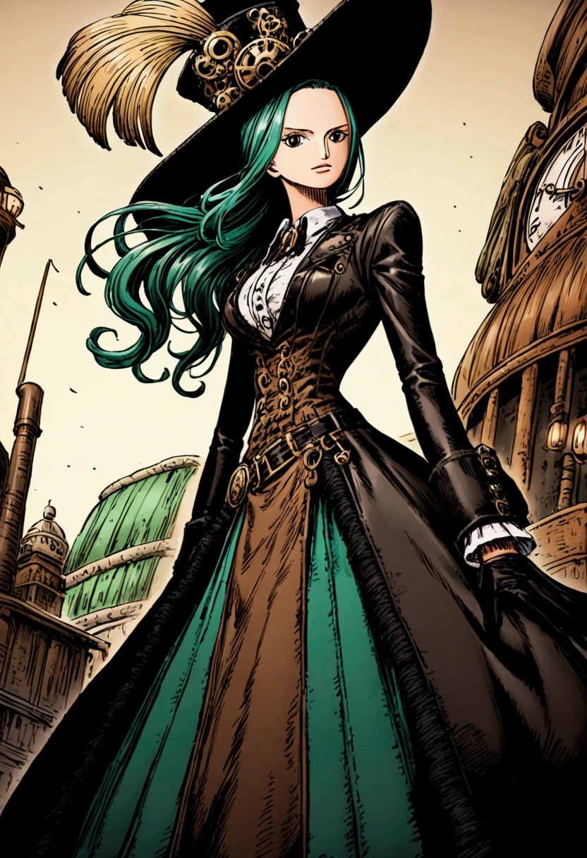 A one piece girl characters, pretty, elegant, steampunk clothes, blue and green colors, big hat