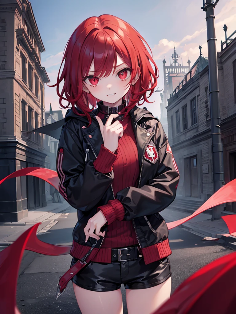 1girl, red hair, red eyes, wearing a black short-skirt, city, absurdres, high res, ultrasharp, 8K, masterpiece, looking at viewer, cyberpunk