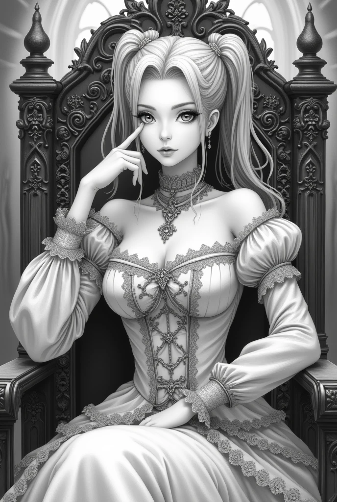 Black and white line art coloring page of a beautiful woman in the style of anime realism, wavy hair and perfect slim fit body, masterpiece digital art with gothic animecore influence, berry, vibrant, living room, highly detailed gothic style background, eye-catching composition, artgerm, milo manara, sharp focus, portrait, monochrome,