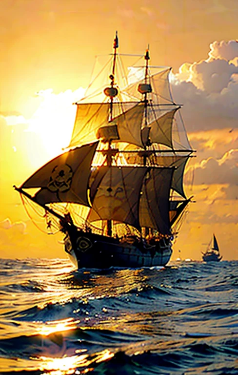 In the background, there is only one pirate ship, a pirate ship that sails leisurely across the ocean with the big sun setting in the sea on its back