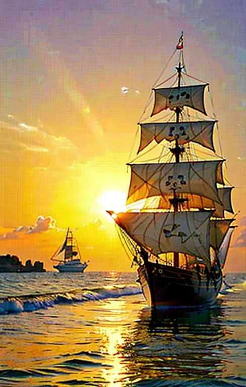 In the background, there is only one pirate ship, a pirate ship that sails leisurely across the ocean with the big sun setting in the sea on its back