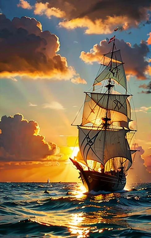 In the background, there is only one pirate ship, a pirate ship that sails leisurely across the ocean with the big sun setting in the sea on its back