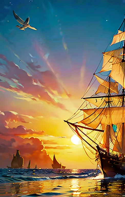 In the background, there is only one pirate ship, a pirate ship that sails leisurely across the ocean with the big sun setting in the sea on its back