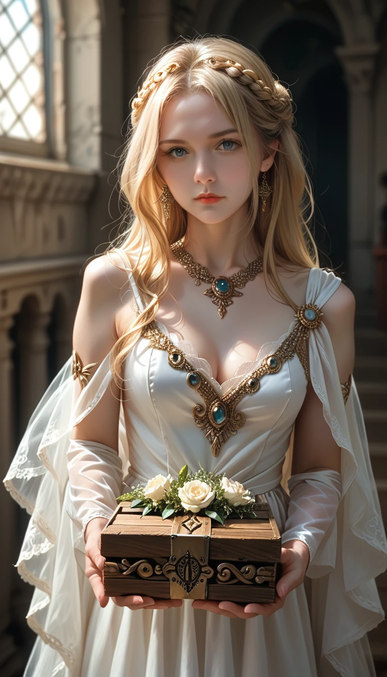 detailed portrait of a beautiful young woman, greek goddess pandora, long blonde hair, cute, holding a black wooden box, greek mythology, elegant dress, detailed facial features, realistic, photorealistic, ultra-detailed, 8k, best quality, masterpiece, dramatic lighting, warm color palette, intricate ornate jewelry, dramatic pose, ethereal atmosphere