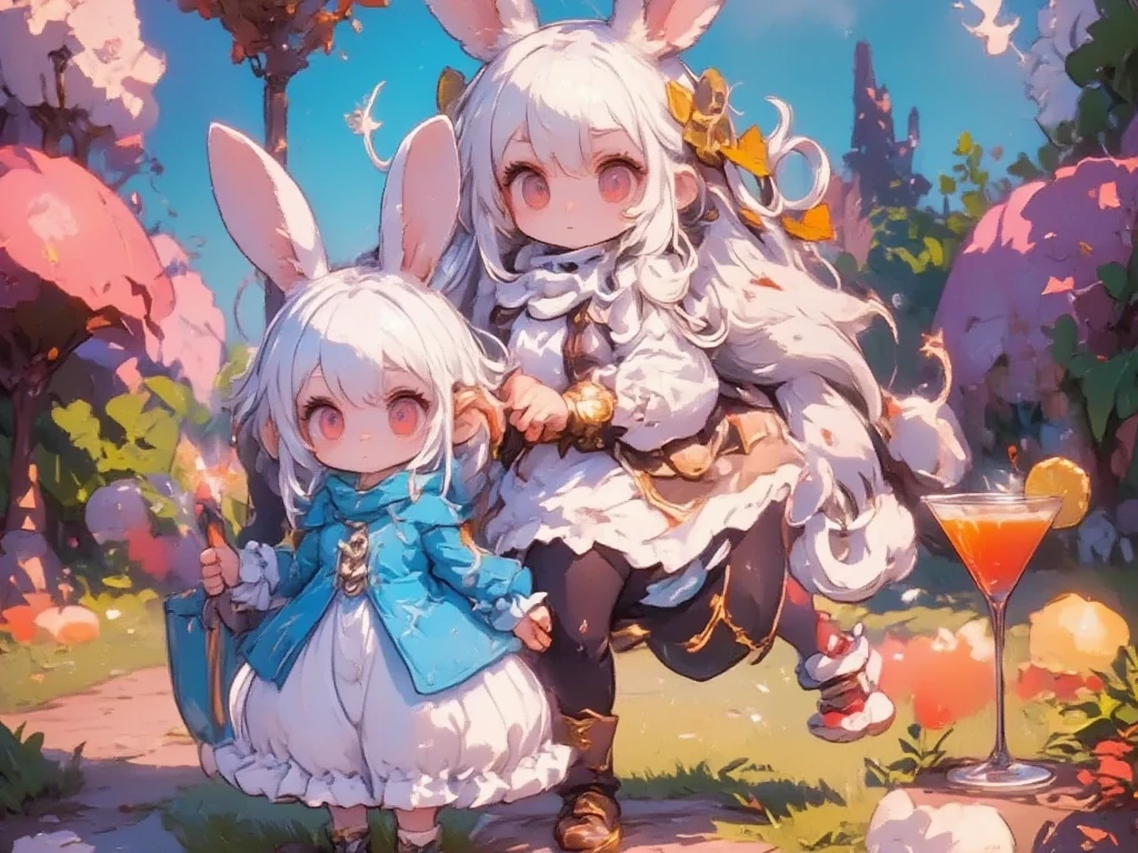 Three Girls:2.0,(Chibi,cute, smaller, pink hair ,Blue Hair,Blonde, very long hair ,bangs,(Fluffy white rabbit),Bunny ears,Red eyes,Big Eyes, beautiful sparkling eyes , white skin,Big hair ribbon, pink ruffle dress, Blue Frilled Dress ,yellow ruffle dress ,Chest,Full body image),Fairy tale background,(Scenery of 3 people being good friends ,Smiling Face),High quality anime drawings