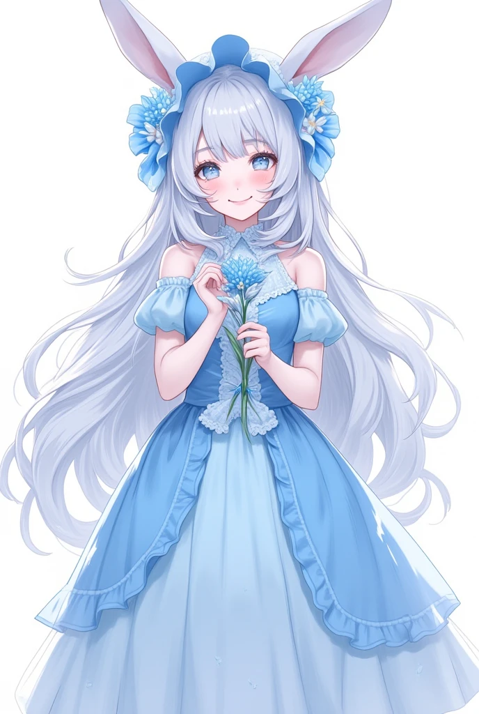 best quality, amazing quality, very aesthetic, absurdres, 1girl, (furry, kemono:1.3), rabbit, rabbit girl, rabbit ears, flower, solo, holding, blue flower, smile, dress, long hair, white background, looking at viewer, blue eyes, blue dress, holding flower, cowboy shot, frills, detached sleeves, simple background, long sleeves, closed mouth, hair between eyes, grey hair, blue headwear, very long hair, bonnet, standing, frilled dress