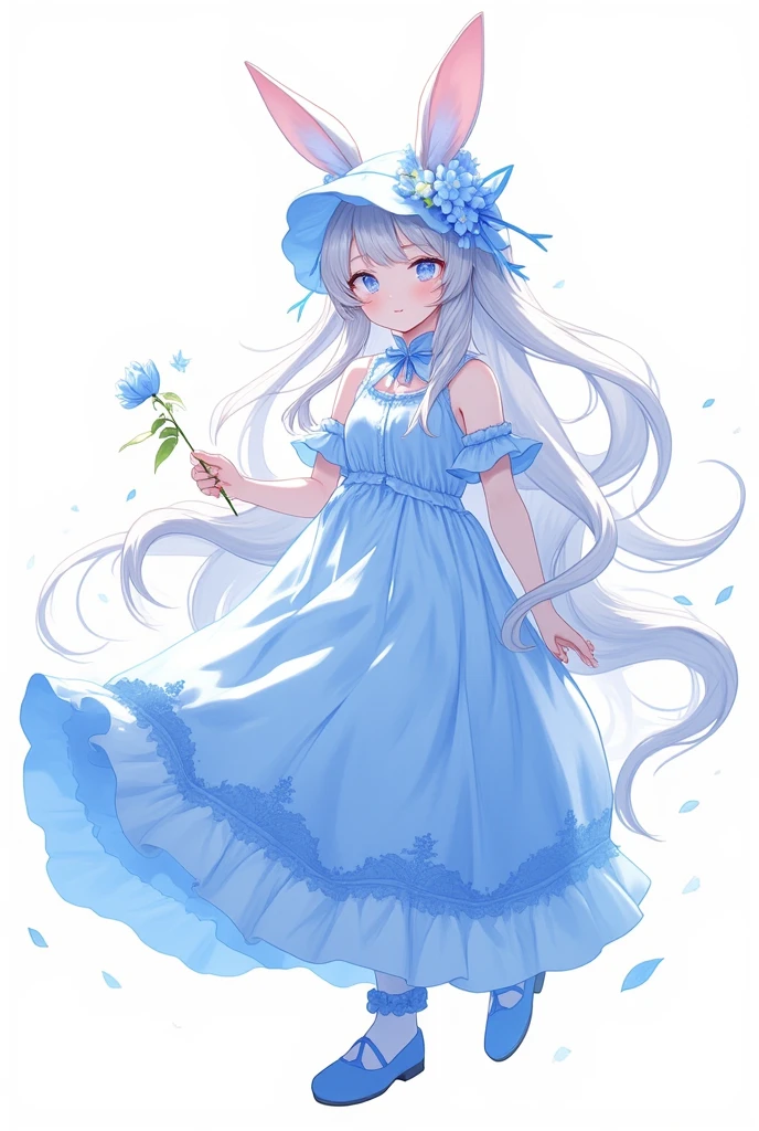 best quality, amazing quality, very aesthetic, absurdres, 1girl, (furry, kemono:1.3), rabbit, rabbit girl, rabbit ears, flower, solo, holding, blue flower, smile, dress, long hair, white background, looking at viewer, blue eyes, blue dress, holding flower, cowboy shot, frills, detached sleeves, simple background, long sleeves, closed mouth, hair between eyes, grey hair, blue headwear, very long hair, bonnet, standing, frilled dress