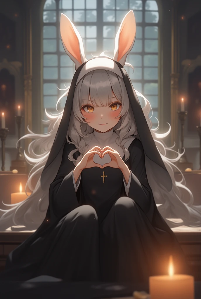 best quality, amazing quality, very aesthetic, absurdres, 1girl, (furry, kemono:1.3), rabbit, rabbit girl, rabbit ears, solo, thighhighs, heart hands, braid, sitting, candle, white hair, looking at viewer, crossed legs, black thighhighs, cross, nun, twin braids, long sleeves, smile, orange eyes, dress, long hair, habit, closed mouth, indoors, church, fire, feet out of frame, thighs, breasts, arm support, hair between eyes