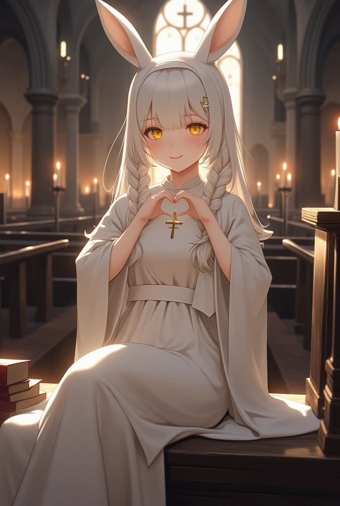 best quality, amazing quality, very aesthetic, absurdres, 1girl, (furry, kemono:1.3), rabbit, rabbit girl, rabbit ears, solo, thighhighs, heart hands, braid, sitting, candle, white hair, looking at viewer, crossed legs, black thighhighs, cross, nun, twin braids, long sleeves, smile, orange eyes, dress, long hair, habit, closed mouth, indoors, church, fire, feet out of frame, thighs, breasts, arm support, hair between eyes