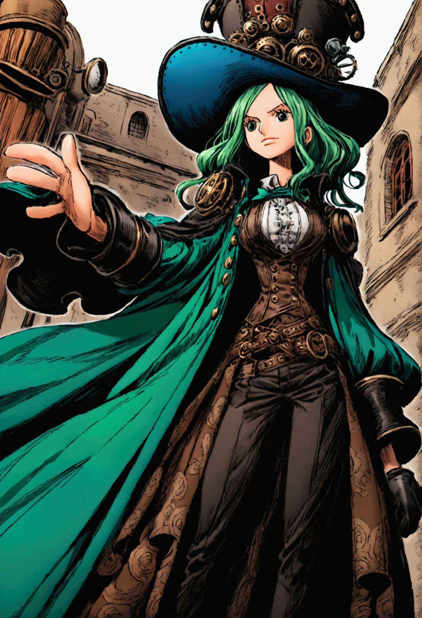 A one piece girl characters, pretty, elegant, steampunk clothes, blue and green colors, big hat