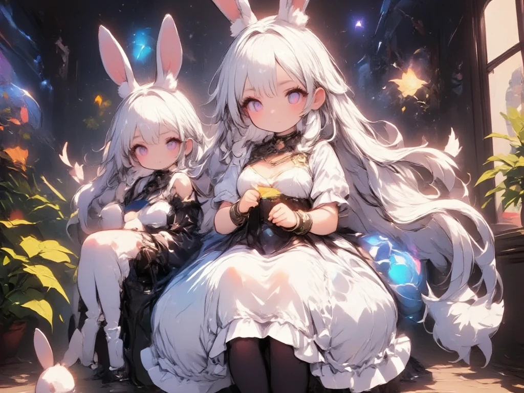 Three Girls:2.0,(Chibi,cute, smaller, pink hair ,Blue Hair,Blonde, very long hair ,bangs,(Fluffy white rabbit),Bunny ears,Red eyes,Big Eyes, beautiful sparkling eyes , white skin,Big hair ribbon, pink ruffle dress, Blue Frilled Dress ,yellow ruffle dress ,Chest,Full body image),Fairy tale background,(Scenery of 3 people being good friends ,Smiling Face),High quality anime drawings