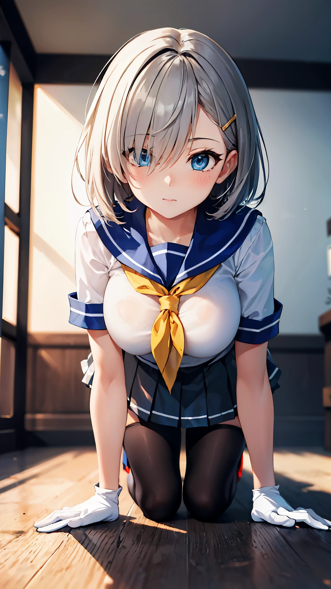 8k high resolution (Super detailed), masterpiece, (Best Quality)　 anime illustration　 detailed eyes on board,  detailed face　 detailed hands　Fine hair　 very elaborate body、 fine skin 　 1 girl　 fleet this_Sea Breeze　 blue eyes、Grey Hair、Hair above one eye、Short Hair　 black pantyhose、gloves、grey sailor collar 、Grey Skirt、 hair clip that invites you with your hand、 pleated skirt、uniform　 short skirt 、白gloves、 yellow neckerchief　(Big Breasts)　Breasts drawn by gravity 　( is on all fours)　corridor　 see here 　 clear body contours