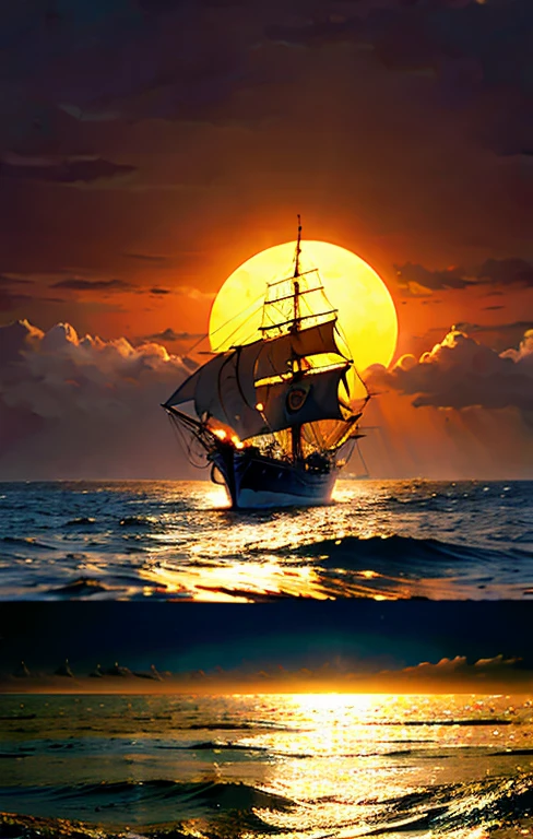 There is only one pirate ship in the sea、The big sun setting over the sea is in the background 、 only one pirate ship sailing peacefully on the ocean pirate ship