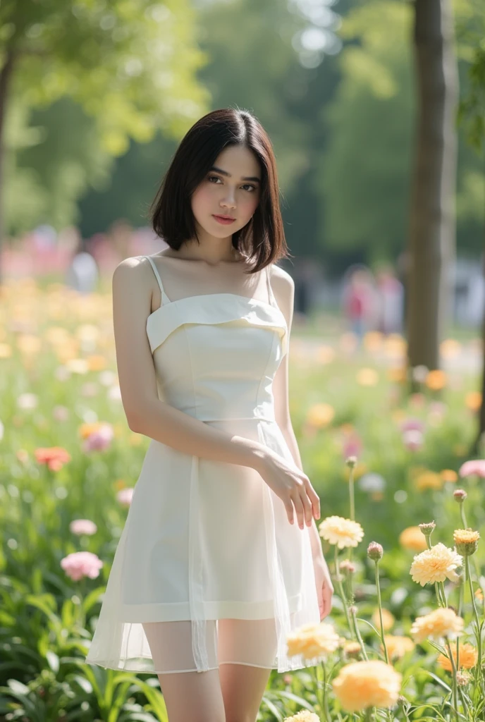 Here's a high-quality prompt for a masterpiece image: A majestic solo female figure stands tall (1.3) in the morning sunlight (1.2) amidst a serene flower park backdrop (1.2). The subject, dressed in an elegant white sundress and matching socks, exudes confidence with her striking black hair and piercing gaze (looking at viewer: 1.4). Her flawless face is adorned with a subtle black eye makeup, adding to the overall allure. As she poses (standing: 1.3), the iridescent lighting creates an otherworldly ambiance, while cinematic shadows add depth to the scene. Capture this breathtaking moment in 8K UHD (RAW photo) using a DSLR camera and apply a realistic LUT or cinematic LUT to accentuate the stunning visuals.