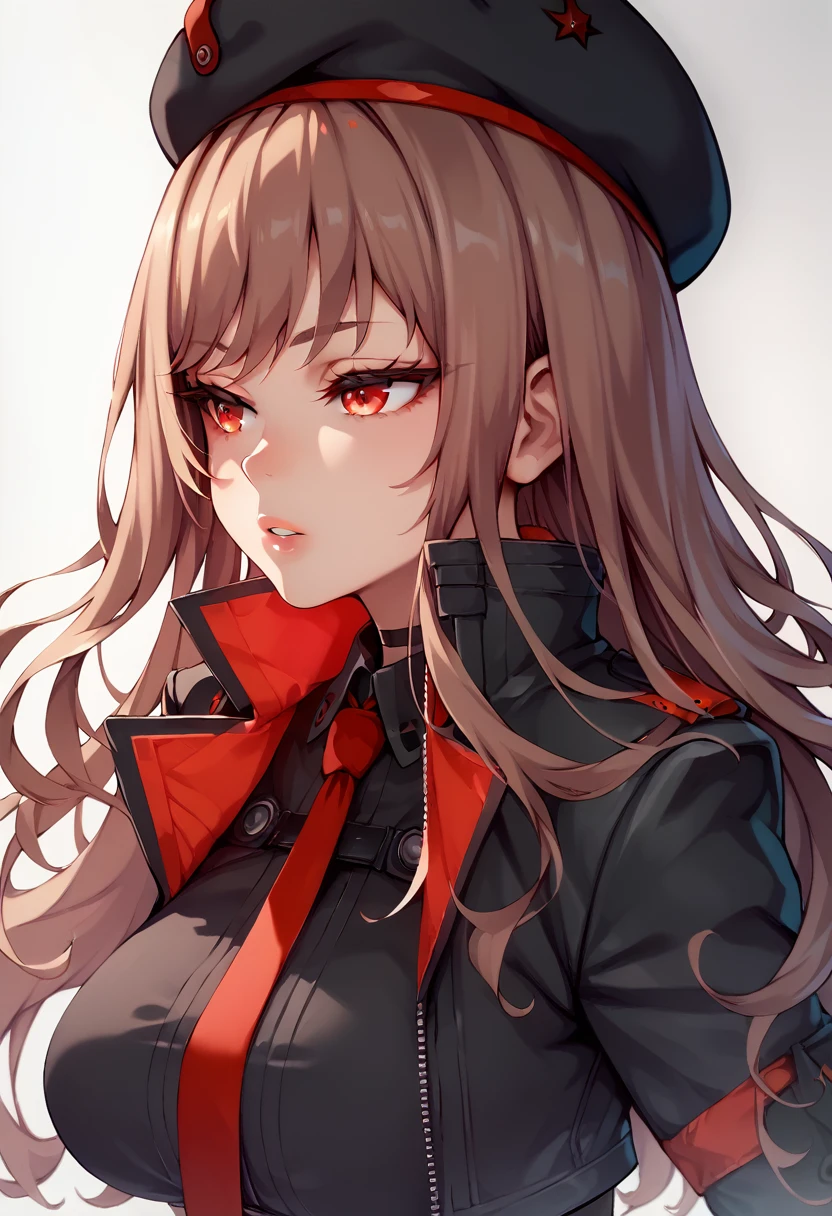 (super detailed eye、detailed face, super high definition、super high quality、eye),rapidef, red eyes, brown hair, long hair, bangs, beret, black jacket, cropped jacket, red necktie, gloves, black shirt,half-closed eye,Glossy lips,Rin々Shii,横face,side view、face, large breasts