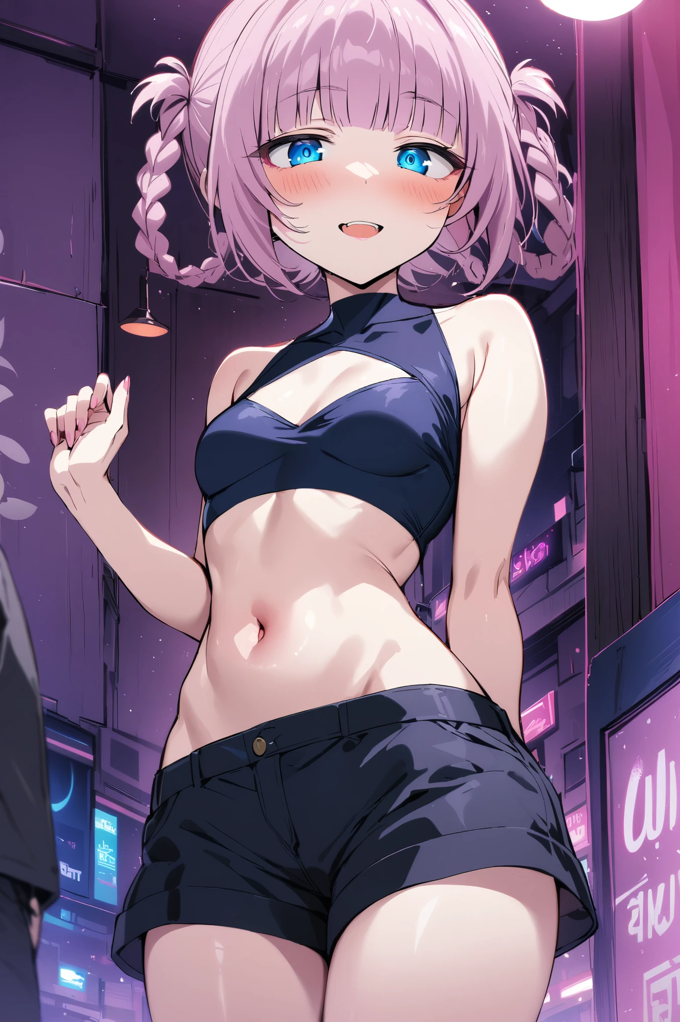 NSFW,masterpiece,Best Quality, high resolution on down, very detailed,Nanakusa Nazuna \(Night Song\),Pink Hair, braided ,bangs, blue eyes,tooth, turtleneck, sleeveless,Berry Shorts,Belly button,Groin,Nightlife,neon