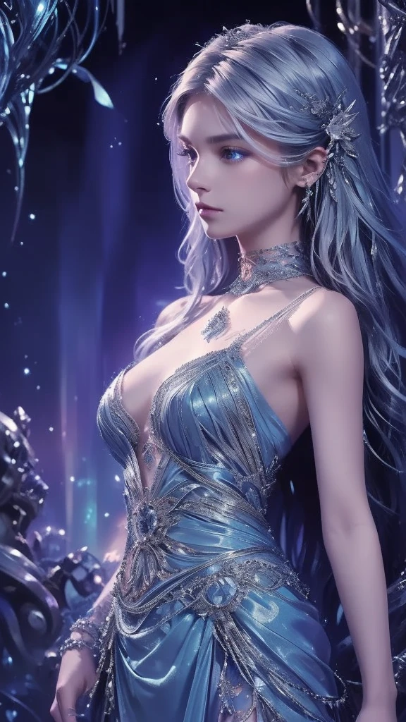 A beautiful young woman with long flowing silver hair and piercing blue eyes, wearing an intricate flowing dress, fantasy, ethereal, enchanting, magical forest, glowing flowers, soft light, intricate details, delicate features