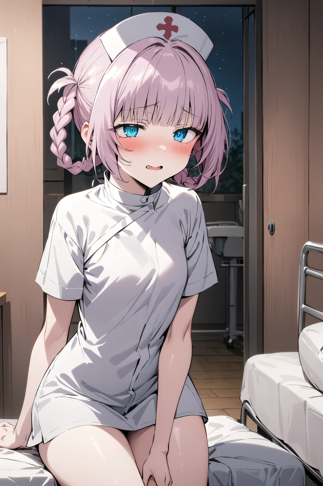 NSFW,masterpiece,Best Quality, high resolution on down, very detailed,Nanakusa Nazuna \(Night Song\),Pink Hair, braided ,bangs, blue eyes,tooth,nurse,Nurse uniform, miniskirt,Hospital at night,Hospital room, bedroom,curtain, horseback riding,Frustrated face