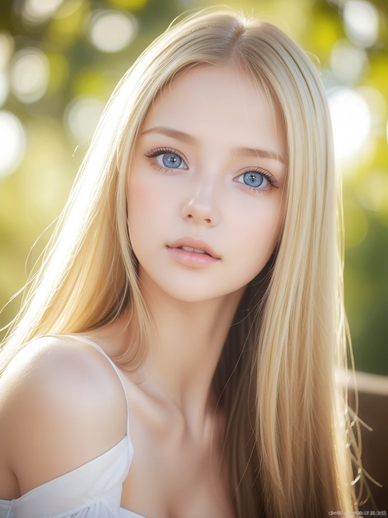 A stunning blonde beauty,  glossy, firm and shiny skin , 目と目の間のbangs,  shiny straight beautiful vivid natural platinum blonde ,  super long straight silky hair , Eyeliner, Very First 々 very beautiful, very beautiful young face,  ,  very bright pastel ice blue eyes that shine very beautifully in high definition、 very beautiful and bright iris 、Very big eyes, Beautiful and wonderful beautiful girl , (( huge boobs))、(( sexy、 ultra high resolution、The lighting is bright、Neatly accurate hands))、Small Face Beauty、round face、hide one eye hair, curtain/Waterfall hairstyle, Too much hair, Hair in the eyes, Straight Hair,  shiny hair, bangs, 