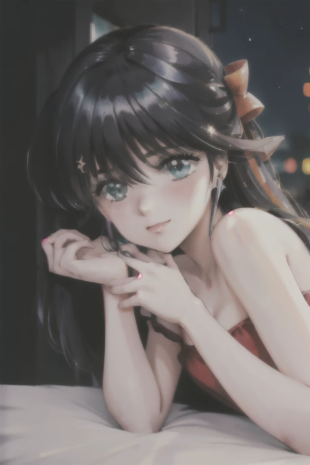 (masterpiece), best quality, expressive eyes, perfect face, perfect hand, dynamic pose, dynamic light, ray of light, detailed picture, high resolution, award winning portrait photography, national geographic portrait photography styled,
(ayukawa madoka), kimagure orange road, Orange Road, Madoka, Ayukawa,
pov across bed,
1girl, solo, black hair, (very long hair:1.1), aqua eye, (charming eyes),
close-up, smile, happy,
aurora, bangs, bare_shoulders, black_background, black_gloves, blush, bow, breasts, city_lights, constellation, dark_background, dress, earrings, earth_(planet), evening_gown, fireworks, galaxy, gloves, hair_between_eyes, hair_bow, hand_on_own_arm, jewelry, light_particles, looking_at_viewer, medium_breasts, milky_way, night, night_sky, off_shoulder, planet, ponytail, red_bow, red_dress, shooting_star, sidelocks, sky, snowing, solo, space, star_(sky), starry_background, starry_sky, starry_sky_print, upper_body,