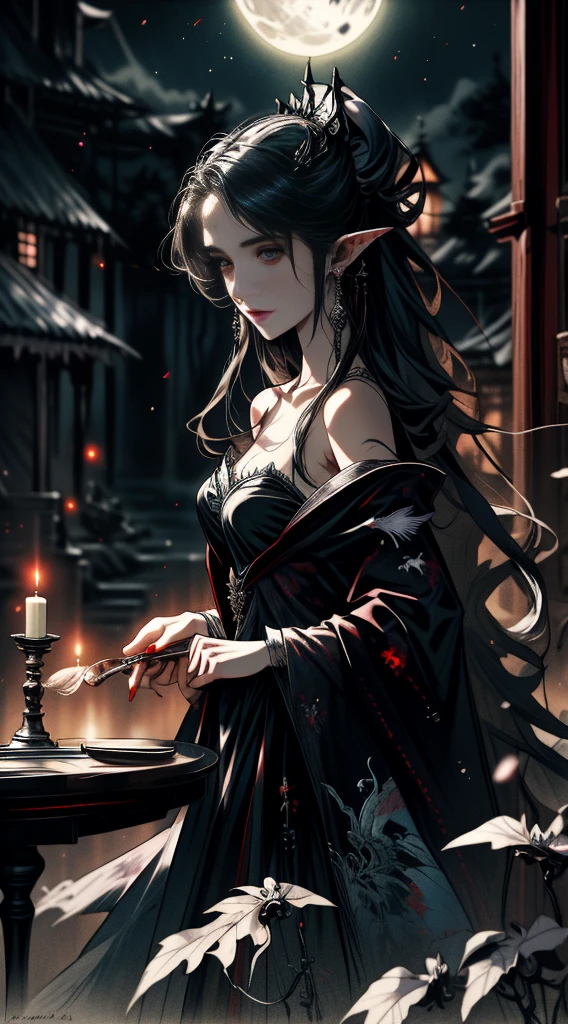 （（ best quality））， （（masterpiece））， （ Details）， 1 Vampire，The table with the impending chess、 Seductive Succubus ， （（ Bloody Face ）），（（ There is blood on the body））， Blood splatter， celestial beauty，  perched above clouds， （ fantasy illustration：1.3），  captivating gaze ， Seductive posture， Delicate Wings， otherworldly charm ， Mystical Sky， （Luis Royo：1.2）， （Yoshitaka Amano：1.1），  moonlight night ，  Pastel Colors ， （ Detailsな雲景色：1.3）， （ high resolution on down：1.2）