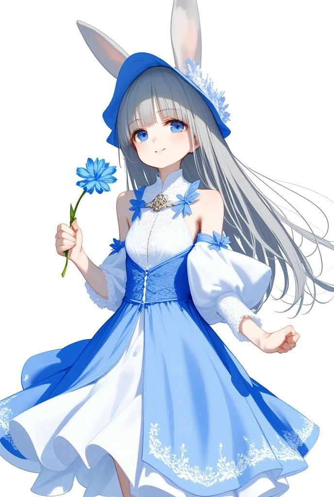 best quality, amazing quality, very aesthetic, absurdres, 1girl, (furry, kemono:1.3), rabbit, rabbit girl, rabbit ears, flower, solo, holding, blue flower, smile, dress, long hair, white background, looking at viewer, blue eyes, blue dress, holding flower, cowboy shot, frills, detached sleeves, simple background, long sleeves, closed mouth, hair between eyes, grey hair, blue headwear, very long hair, bonnet, standing, frilled dress