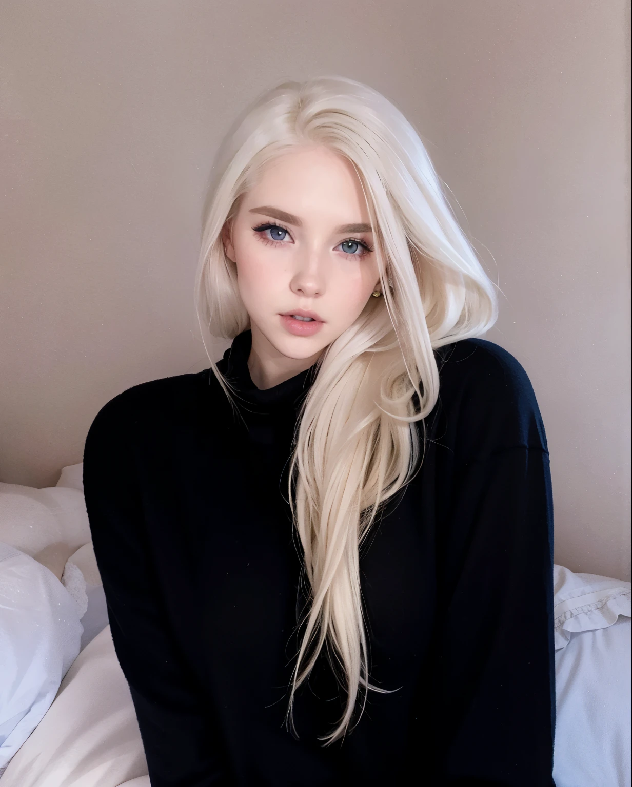 Blonde woman with long hair sitting on a bed in a black sweater, pale hair, perfeita de cabelos brancos, com cabelos longos brancos, com longos cabelos brancos, pale white skin, cabelos brancos intensos, her hair is white, extremely pale blond hair, Pale - white skin, com cabelo branco, extremely pale white skin, pale porcelain white skin, pale goth beauty