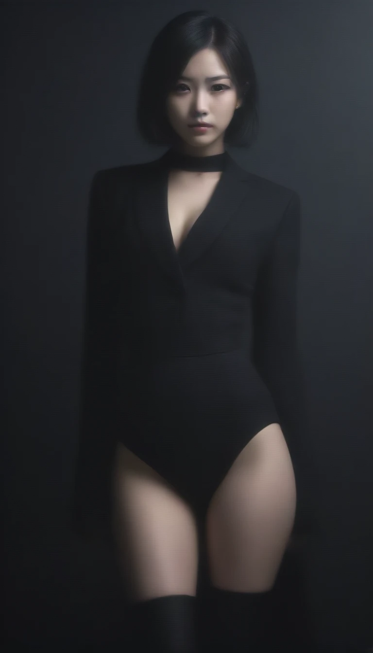 ((highest quality)), ((masterpiece)), (Familiar), Perfect Face, Mature Woman, 50 years old, Japanese, return, (Cum in mouth), (Open your mouth), Big Breasts, Large areola, Erect nipples, Round and small face, Big Nose, length, Narrow eyes, Cat-like eyes, , Big Ass, Full body image, Tank top, thin fabric hot pants,good, Wavy short hair,
