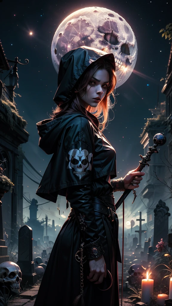 Masterpiece, incredibly absurdres, award winning photography , extremely detailed, amazing, awesome, ultra detailed depictions artwork, fine detail,(from side, (looking down at you )) A female, legendary female necromancer with evil hooded, seance, cinematic shot, cool beauty, wearing a \(skulls devils evils\) robe , summoned hell’s monsters around her, holding a long staff with glowing purple orb ,((glowing skulls), magical effects), (night cemetery in background, ultra detailed background, full moon in the sky ), the Death, the Grim Reaper