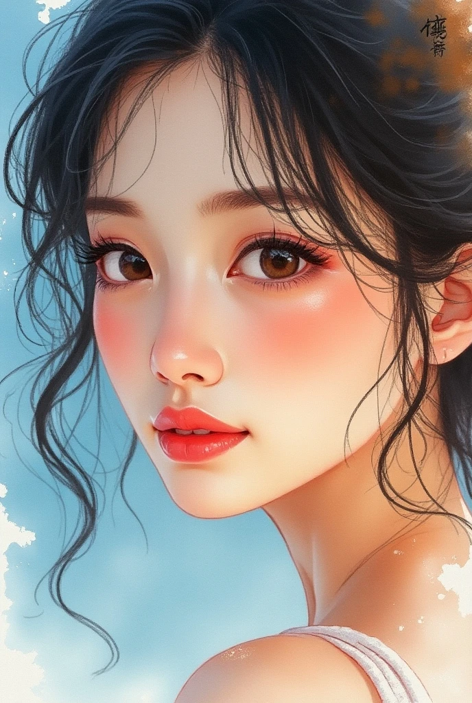 Masterpiece, top class, sunset light, handsome (1girl), ponytail, Korean woman, shoulder exposure, look at the viewer, court lady, wife's house, detailed photo, smiling expression, sexiness, festival, anniversary,