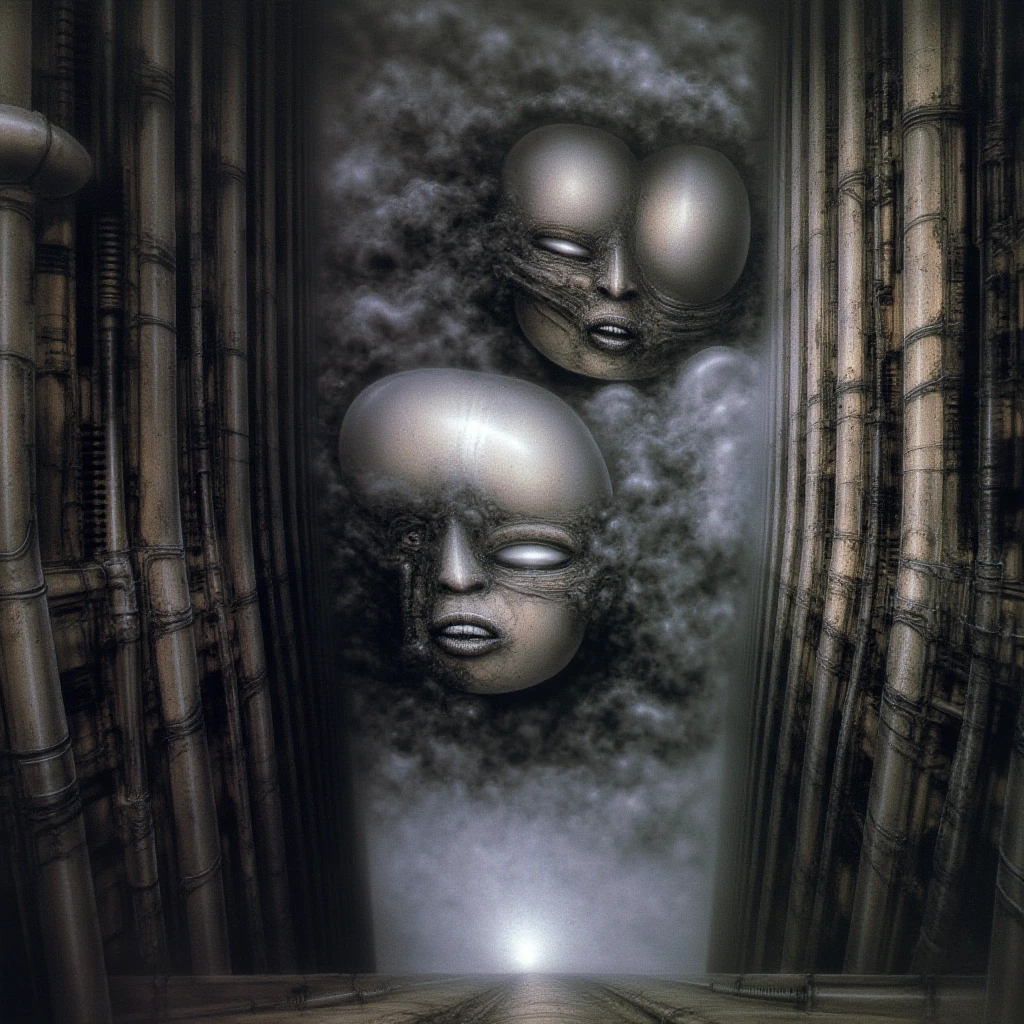 H. R. Giger's g1g3r, , Giger_style, The image is a detailed view of H.R. Giger's \" NY City  \" plate, featuring H R GIGER's biomechanical is a digital artwork featuring   The image depicts a robotic face with large, glowing eyes, a mouth, and a nose, set against a backdrop of intricate mechanical pipes and wires.. with a glowing light source, dence cloudy mist, strokes of steam. (A haunting and surreal image inspired by the work of H.R. Giger. The artwork depicts a biomechanical corridor, with intricate tubes and pipes snaking along the walls. A strange, organic form, reminiscent of the Alien creature, lurks in the shadows, adding to the sense of unease and mystery. The overall atmosphere is one of darkness, decay, and the unsettling nature of the unknown, best quality:1.4) The artistic manner would be unmistakably Gigeresque. A dark and unsettling beauty would permeate the piece, blurring the lines between fascination and repulsion , forever haunted by the grotesque allure. Giger's signature artistic manner would be evident in every stroke. The artist has used careful linework to depict the contours and textures in the piece, (Triadic:1.1), (Proportion:1.1),  , (Reflected light:1.2), Parchment, ultra detailed, intricate,, dry b (best quality:1.4), H.R. GIGER,  BY GIGER