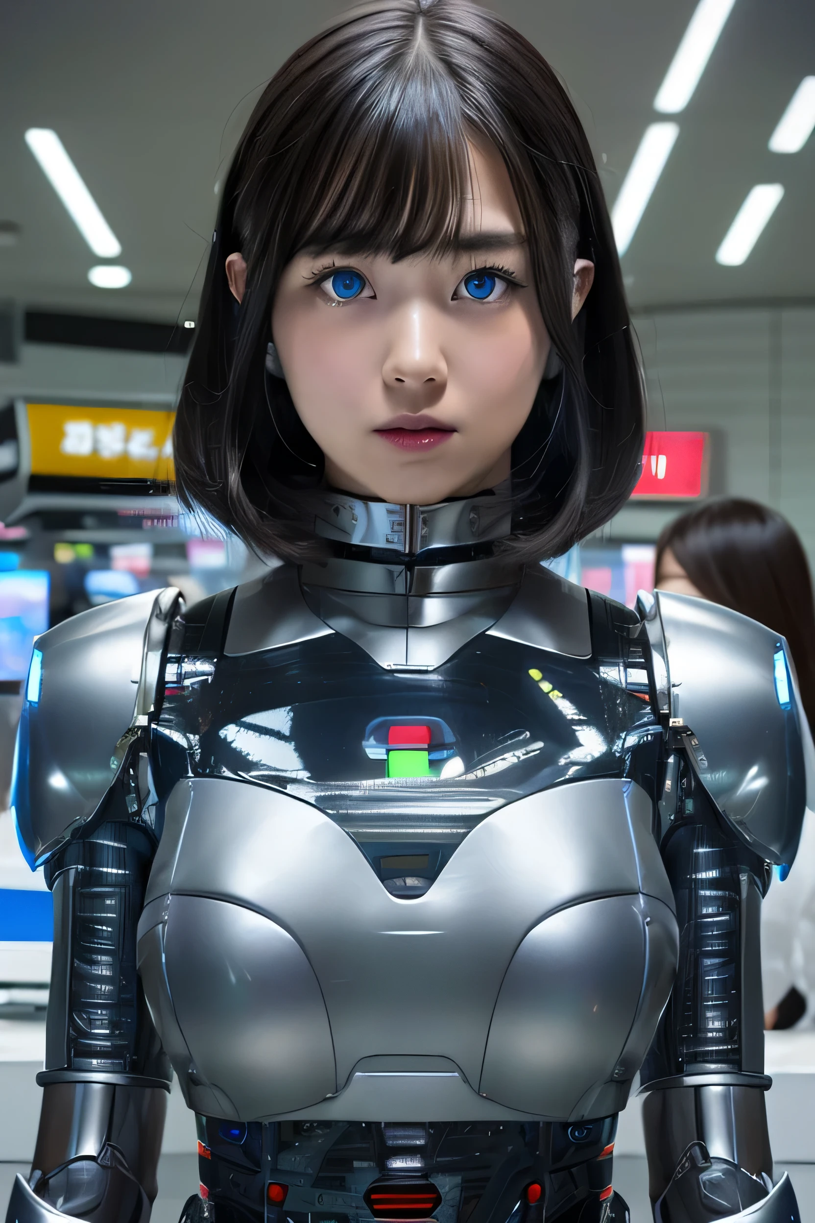 masterpiece, best quality, extremely detailed, Japaese android girl,Plump , control panels,android,Droid,Mechanical Hand, Robot arms and legs, Black Robot Parts,Black hair,Mechanical body,Blunt bangs,White robotics parts,perfect robot girl,future information counter,reception,long tube,thick cable connected her neck,ceramic body ,mechanical body,mechanical costume,android,robot,humanoid,cyborg,information office,japanese android receptionist ,mechanical chest,blue eyes,