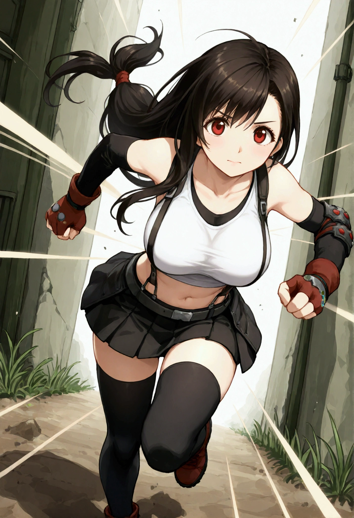 , (Masterpiece),(Best Quality),source anime,(ultra detailed),(Recent),official style,,BREAK  1girl, Tifa Lockhart, Final Fantasy,(beautiful). Black Hair, Long hair tied low, Red eyes, bangs, White tank top, belt, Pleated Skirt , Thigh length, Elbow fingerless gloves, Elbow pads, (abdomen,navel:0.9)  suspender skirt.zettai ryouiki,,(large_chest:1.2), (tareme:1.2),,BREAK  ,standing,  (standing on viewer:1.3),(dynamicangle,running, leaning forward with arms swinging.motionlines. burst effects), in alley at daytime,dynamicpose,,{tifa_lockhart,FF7}