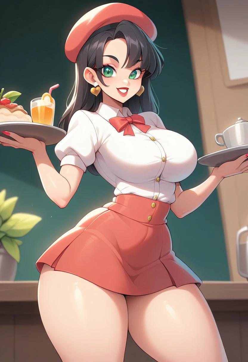  there is a woman who is holding a plate of food,Waitress costume  ( red mini skirt , white blouse, black beret),  thick thighs , smile, black hair, coque,  green-eyed, makeup, lipstick, beautiful body, thin waist, highly detailed,  high quality, 8k,  vibrant colors ,  80s snack bar , 