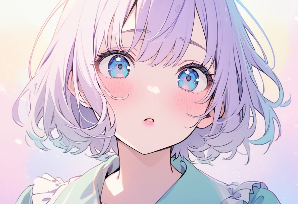  one girl playing pranks,front、  light purple hair,  blue eyes, beautiful, High school girl,  Pastel Colors ,  Closeup of Faces ,,  lip gloss,, Mysterious,  short hair , Kissing Face, Just before we kiss, 