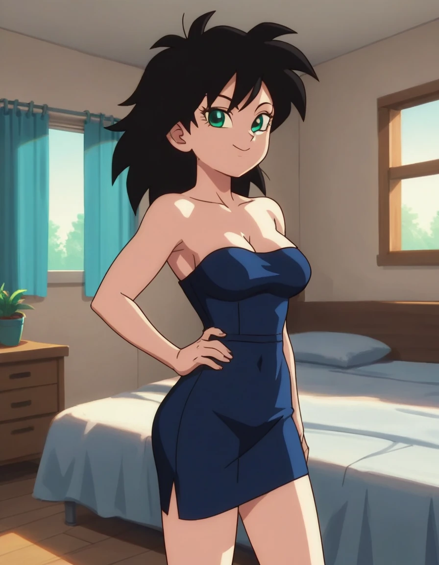 source_anime, score_9, score_8_up, score_7_up, anime screencap, absurd res, official style, gine, 1girl, solo, black hair, green eyes, closed mouth, bare shoulders, medium breast, a seductive smile, mouth closed, smile, apartment room, bed, window, bare shoulders, medium breasts, closed mouth, standing, a strapless blue tube dress, blue pencil skirt, looking at viewers, cowboy shot, smile, hands on hip, score 9, score 8 up, score 7 up,