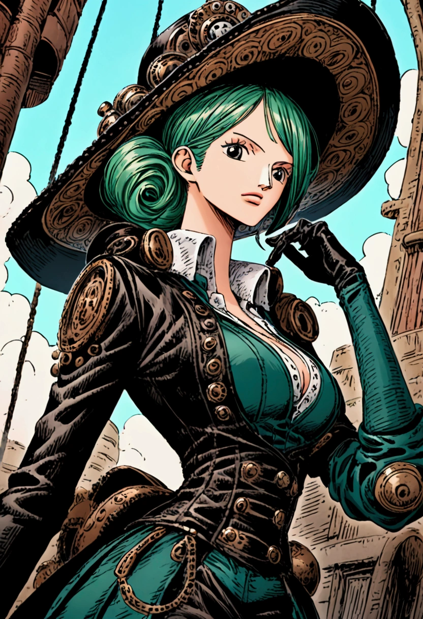 A one piece girl characters, pretty, elegant, steampunk clothes, blue and green colors, big hat