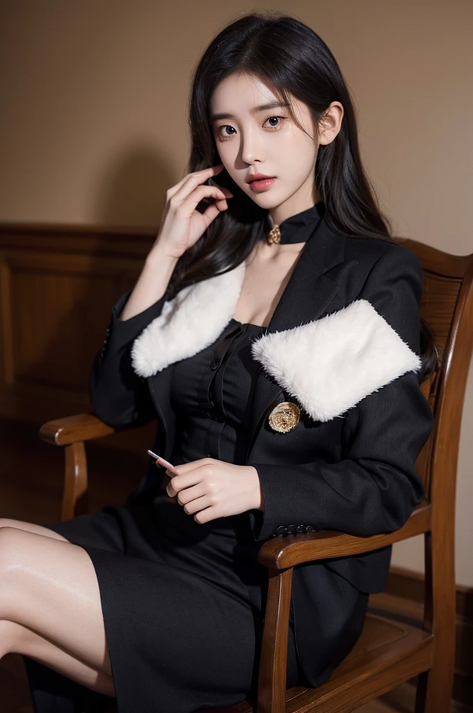 There was a woman sitting on a white chair,dressed in a black jacket, wearing a black noble suit, cosplay of a catboy! maid! dress, full-body xianxia, Magical school student uniform, Anime girl cosplay, Cai Xukun, loose coat collar sailor uniform, Inspired by Huang Ji, cute elegant pose, White Hanfu, inspired by Ma Yuanyu