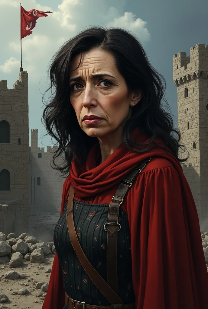 Translate into English:
_scenario:_ a ruined medieval castle,  with broken stones and torn flags in the background .

_Face of Kamala Harris :_
 - Expression of defeat and despair
- Low and sad eyes
- Misaligned hair

_details:_
 - Wrinkles of concern on the face
- Dark circles 

_Style:_  Detailed and realistic art , with vibrant colors and deep shadows.
