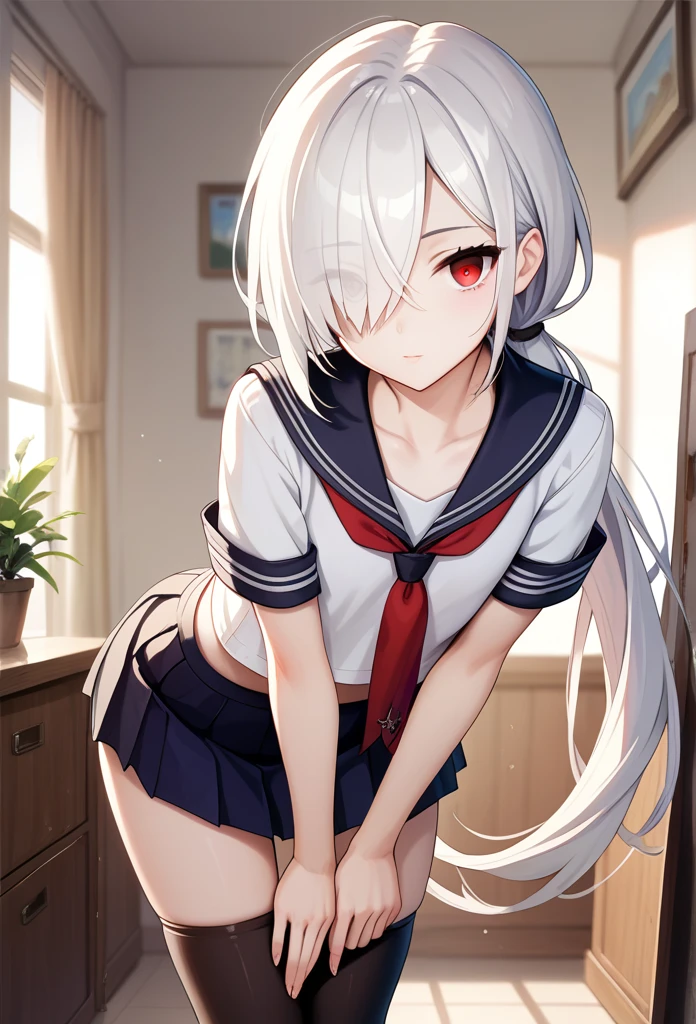 beautiful illustration、topquality、cute young girl、bed room、Silver-haired、yellow eyes、hairlong、(((red pleated skirt)))、(((black sailor suit)))、short sleeves、huge tit、bellybutton、Throwing a skirt with your hands、Show black panties、Pull up the skirt and show off the panties、bare-legged、Cyan eyes、In the beds、lovely thighs、glowing thigh