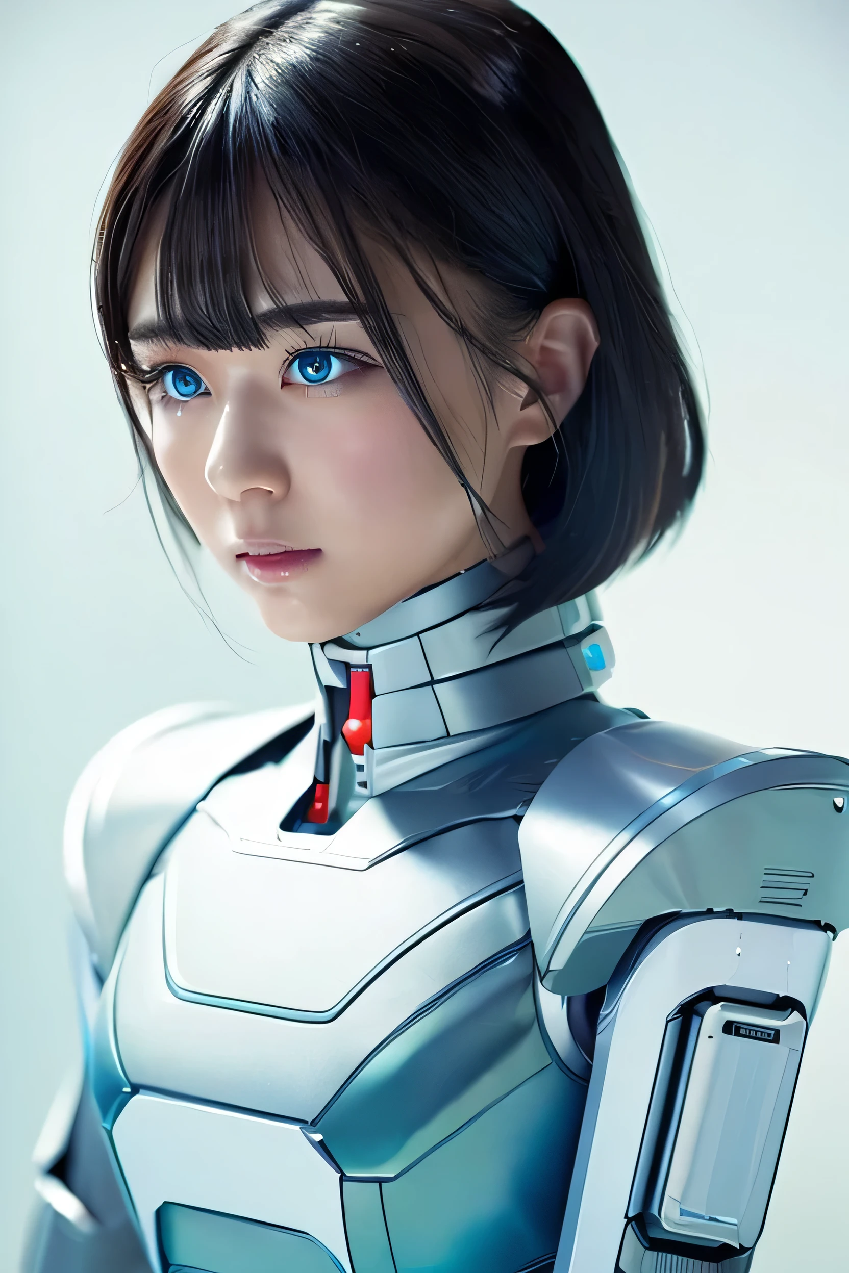 masterpiece, best quality, extremely detailed, Japaese android girl,Plump , control panels,android,Droid,Mechanical Hand, Robot arms and legs, Black Robot Parts,Black hair,Mechanical body,Blunt bangs,White robotics parts,perfect robot girl,future information counter,reception,long tube,thick cable connected her neck,ceramic body ,mechanical body,mechanical costume,android,robot,humanoid,cyborg,information office,japanese android receptionist ,mechanical chest,blue eyes,office-lady