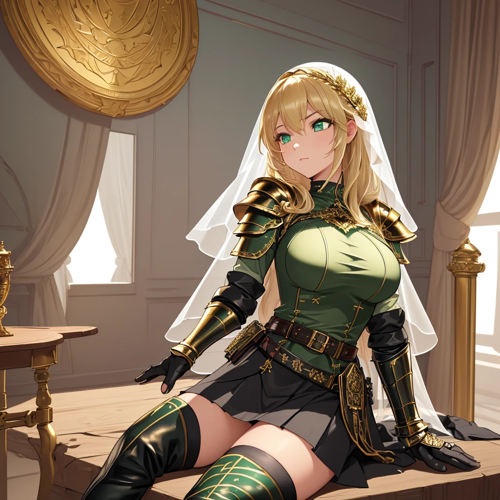 masterpiece, Best Quality,I'm sitting on a chair in one room of the fort and listening to an explanation of the operation,(((pure white short veil))),((Black princess knight leather armor with rich golden ornaments,Tall woman)), (huge breasts), Bust-length blonde ,wavy hair,Pale skin, serious expression,(((Green Eyes,  detailed eyes))),Belt pouch on waist, ((( Black Thigh-High Boots ,Black Gauntlets,Armored black skirt))),A thin curved hanging line ,  I don't have anything in my hands , Thin eyebrows,Young lady, Side View 